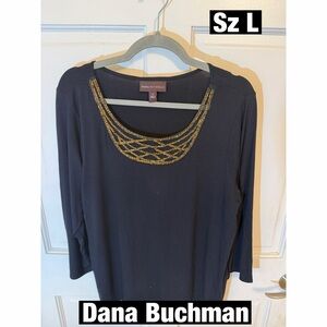 Dana Buchman Black Top with Gold Beading over mesh Detailing